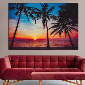Tropical Beach Sunset Wall Art, Palm Tree Large Canvas Print, Home Office Decor Gift, Coast Framed Artwork, Palm Leaves Modular Pictures