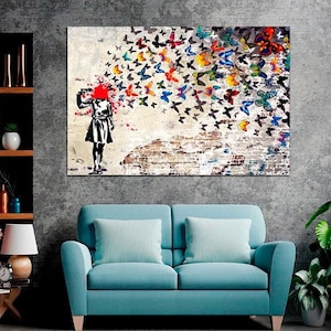 Headshot Butterfly Girl Canvas Print Banksy Graffiti Canvas Print Modern Creative Graffiti Wall Art Street Art Framed Ready to Hang