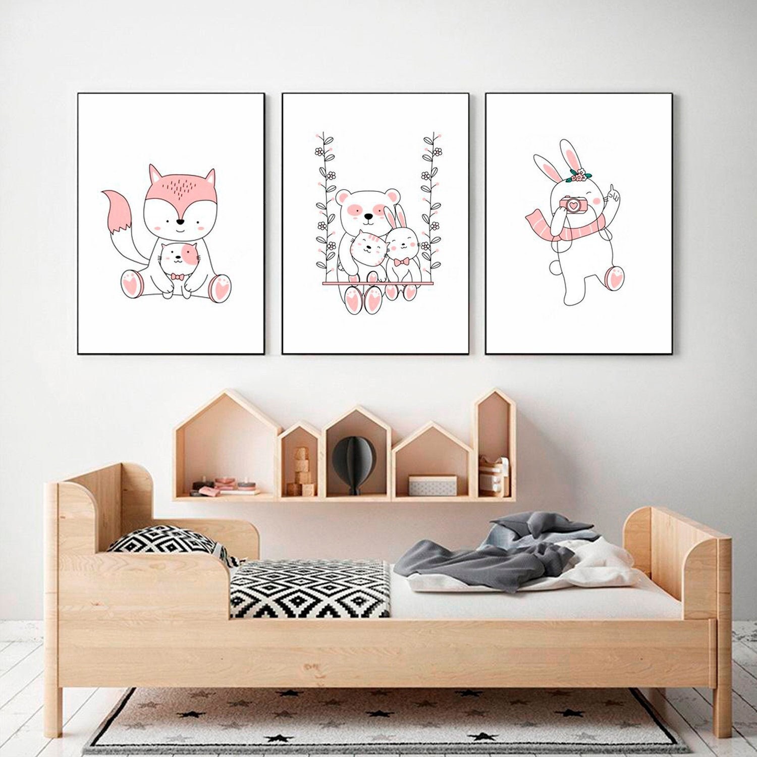 Cute baby animals Kids room poster - Rabbit Fox Bear Animal illustration Cartoon wall art - Nursery wall decor - DIGITAL DOWNLOAD