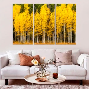 Yellow Birch Grove kunst aan de grote muur, herfst esp bomen ingelijste canvas print, bos modulaire foto's, natuur interieur