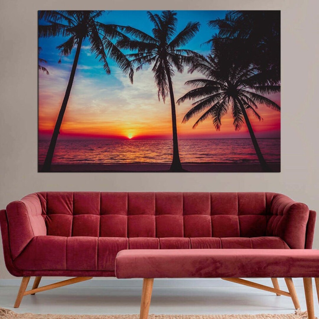 Tropical Beach Sunset Wall Art, Palm Tree Large Canvas Print, Home