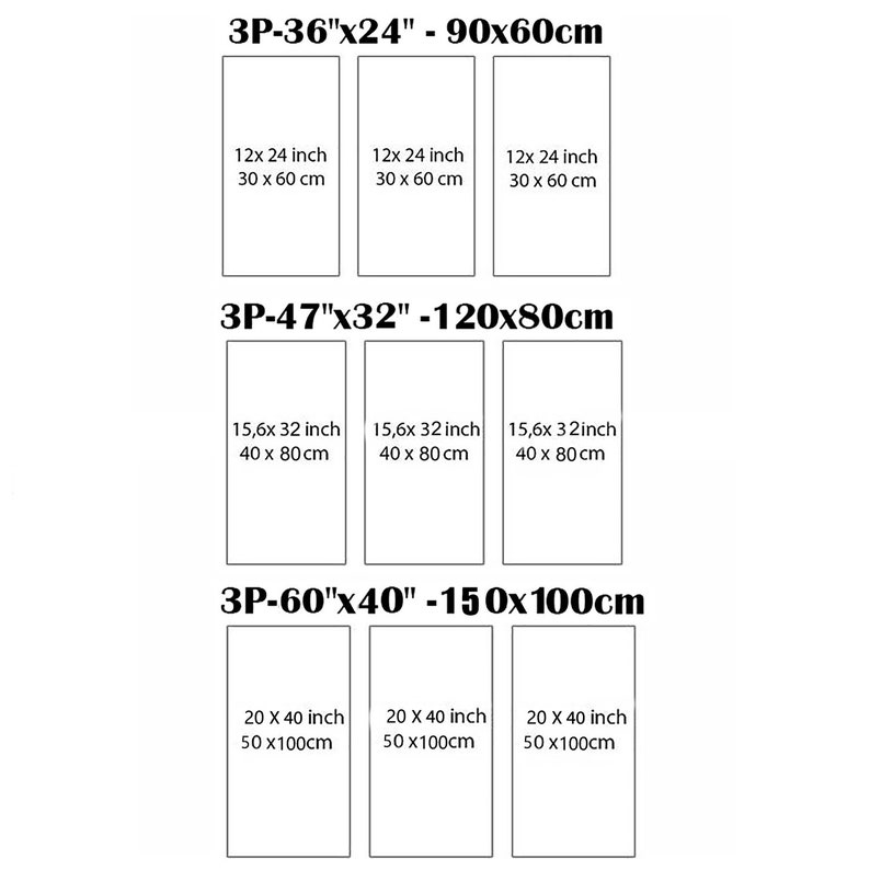 May include: A chart showing different sizes of prints, with measurements in inches and centimeters. The chart is divided into three sections, each with a different size print. The first section is labeled "3P-36"x24" - 90x60cm", the second section is labeled "3P-47"x32" -120x80cm", and the third section is labeled "3P-60"x40"-150&times;100cm".