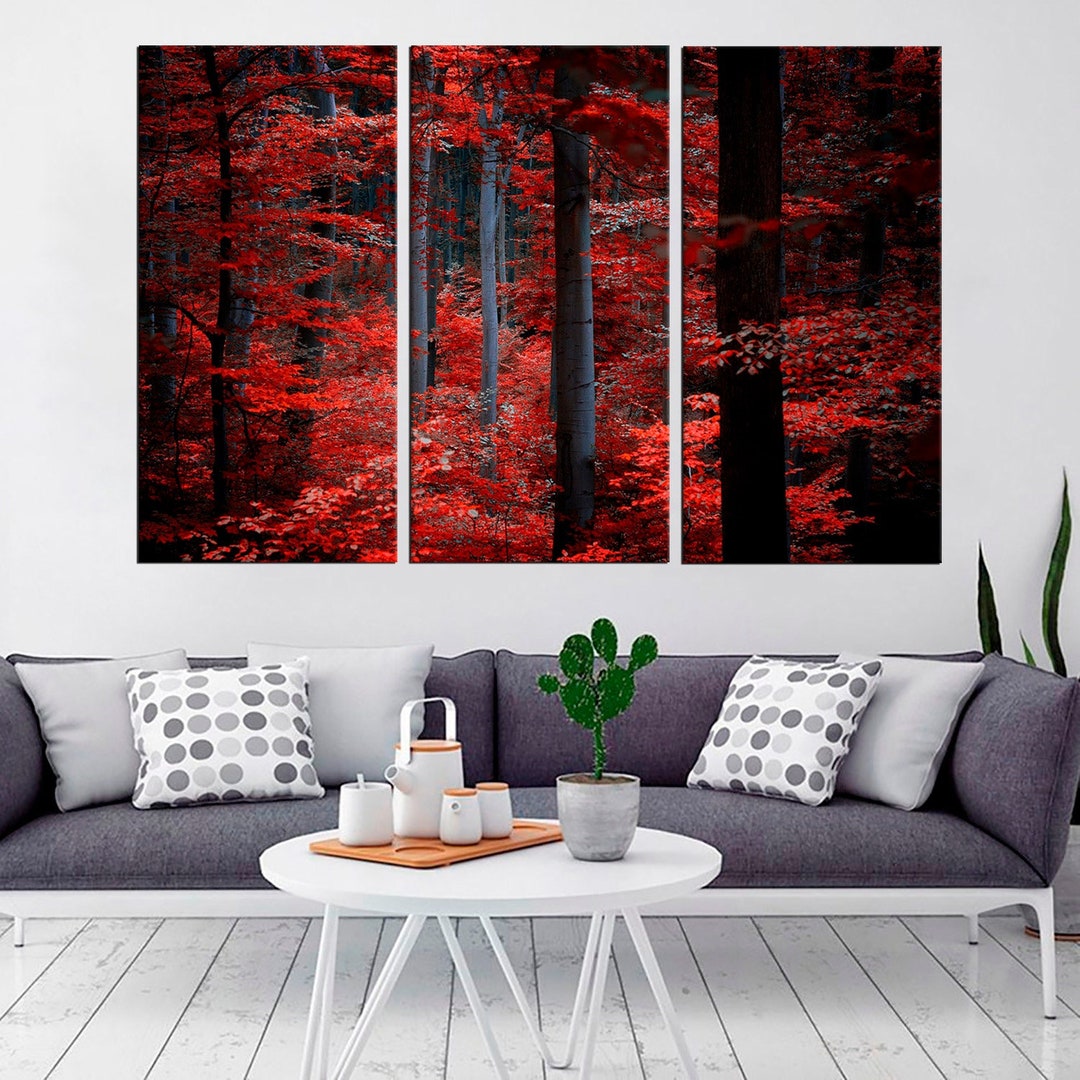 Large Red Forest Canvas Print, Tree Leaves Modern Wall Art, Landscape ...