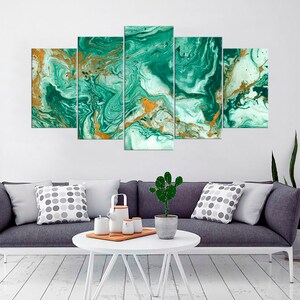 May include: Abstract wall art featuring a five-piece canvas set with a green and gold marble pattern.