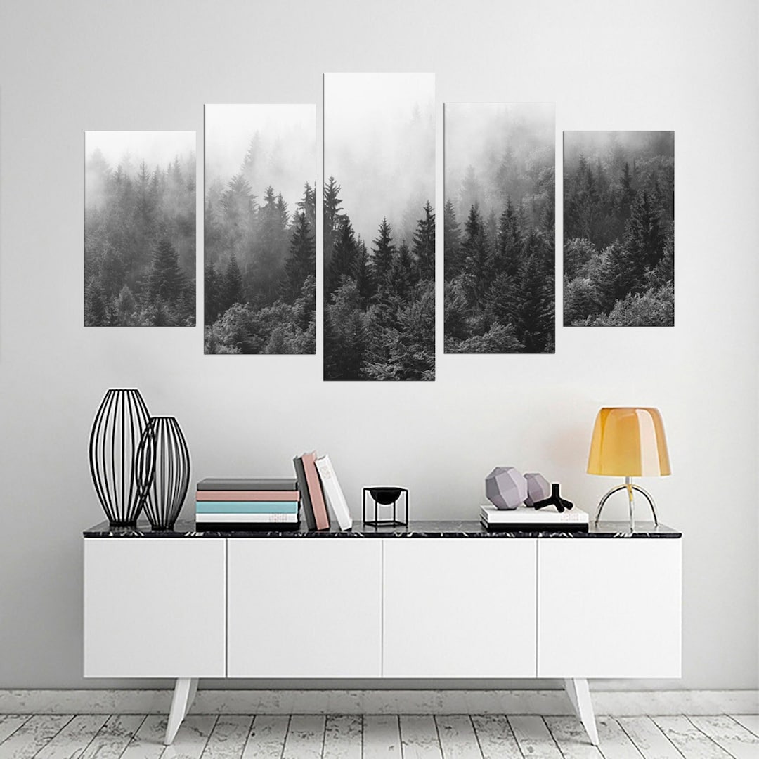 Misty Mountain Black White Canvas Print - Foggy Pine Forest Wall Art ...