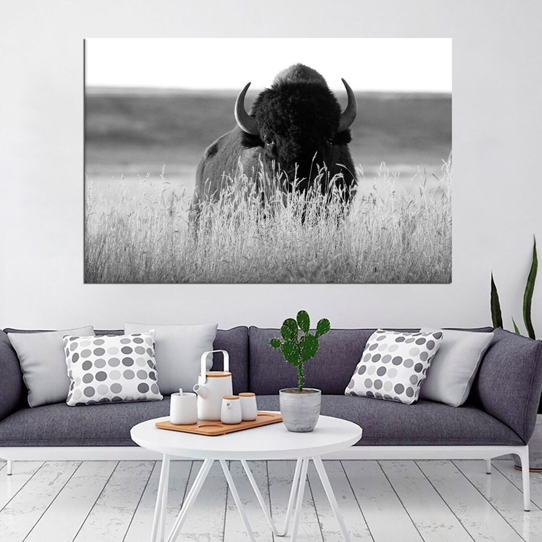 American Bison Canvas Print, Black and White Buffalo, Wild Animal Large ...