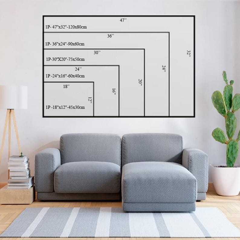 May include: A white wall with a diagram showing five different sizes of framed prints. The print sizes are 47"x32", 36"x24", 30"x20", 24"x16", and 18"x12". The diagram is labeled with the corresponding measurements in inches and centimeters.