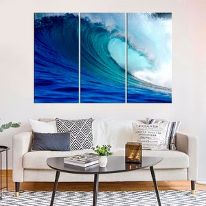 May include: A three-panel canvas print featuring a large, blue ocean wave crashing. The wave is turquoise blue and white with a deep blue background.