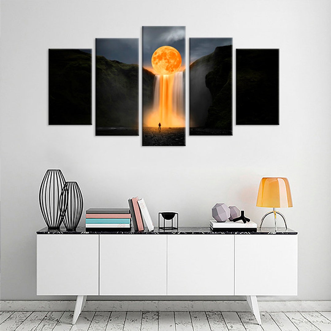 Waterfall Orange Moon Canvas Print: Night Landscape Wall Art - Etsy