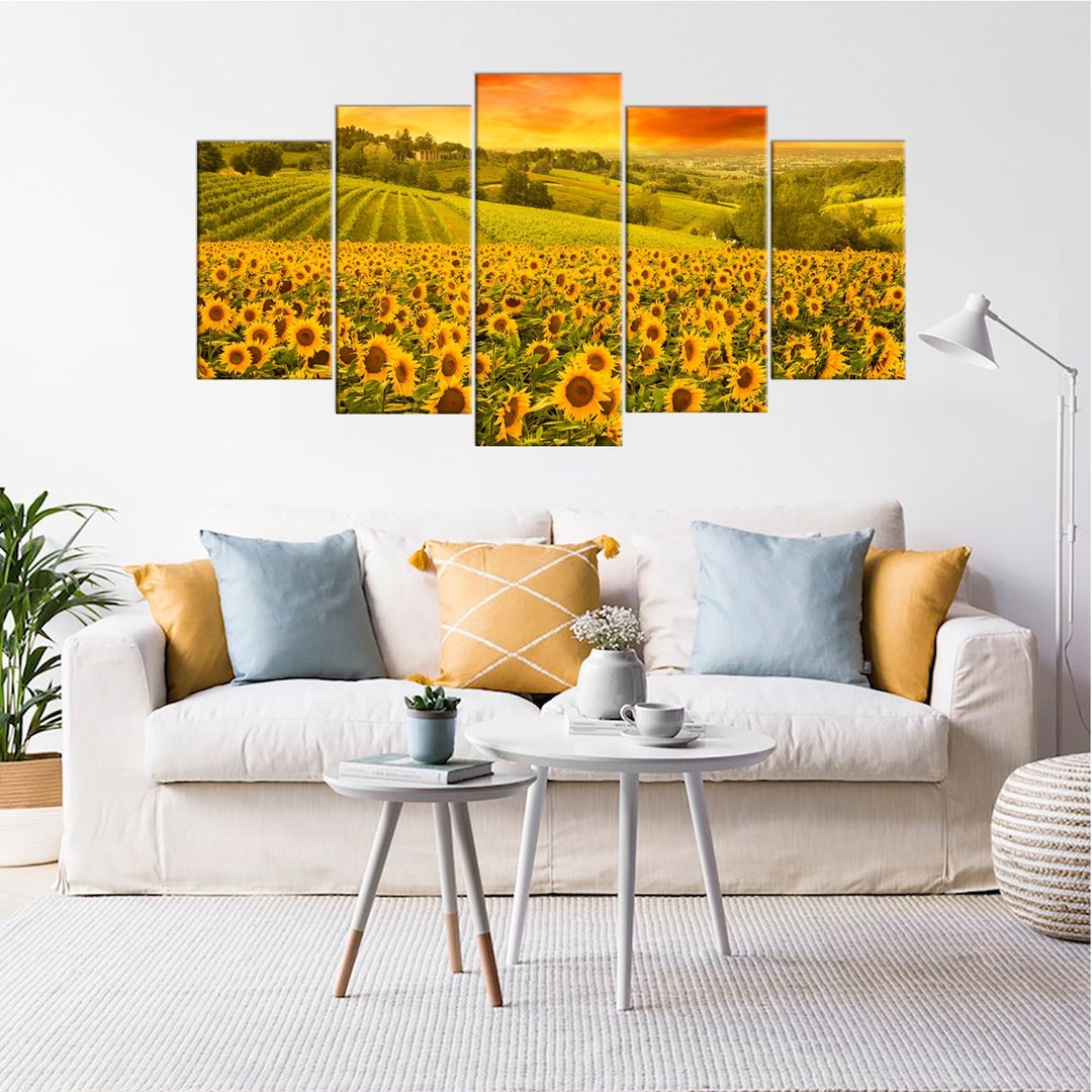 Landscape Sunflower Yellow Flower Wall Decor, Flower Field Canvas Print