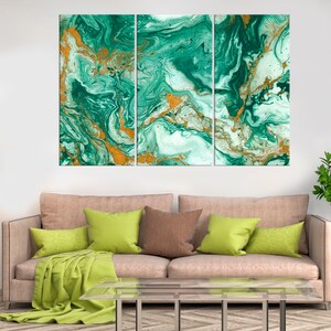 May include: Abstract art print with a green and gold marble pattern. The print is divided into three panels.