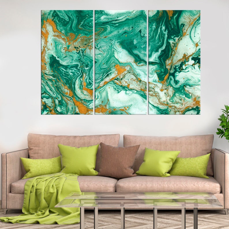 May include: Abstract art print with a green and gold marble pattern. The print is divided into three panels.