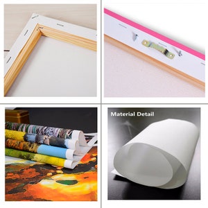 May include: Close-up of a canvas print stretched over a wooden frame. The frame has a pink backing and a metal hanging hook. The canvas is rolled up in the bottom image, showing the texture of the canvas.