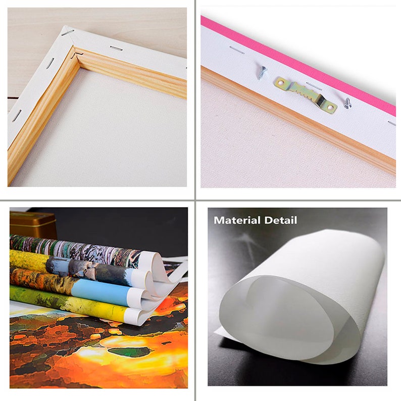 May include: Close-up of a canvas print stretched over a wooden frame. The frame has a pink backing and a metal hanging hook. The canvas is rolled up in the bottom image, showing the texture of the canvas.