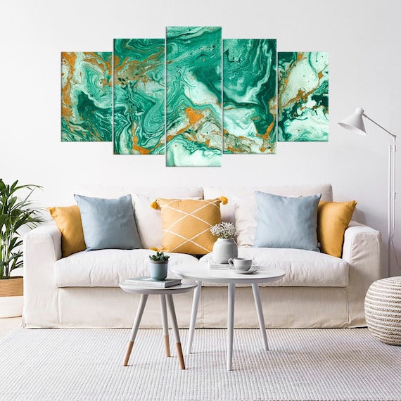 Golden and Dark Green Luxury Marble Framed Wall Art Abstract Large Canvas Art Interior Decor Modern Print Acrylic Paints Poster Gift Idea