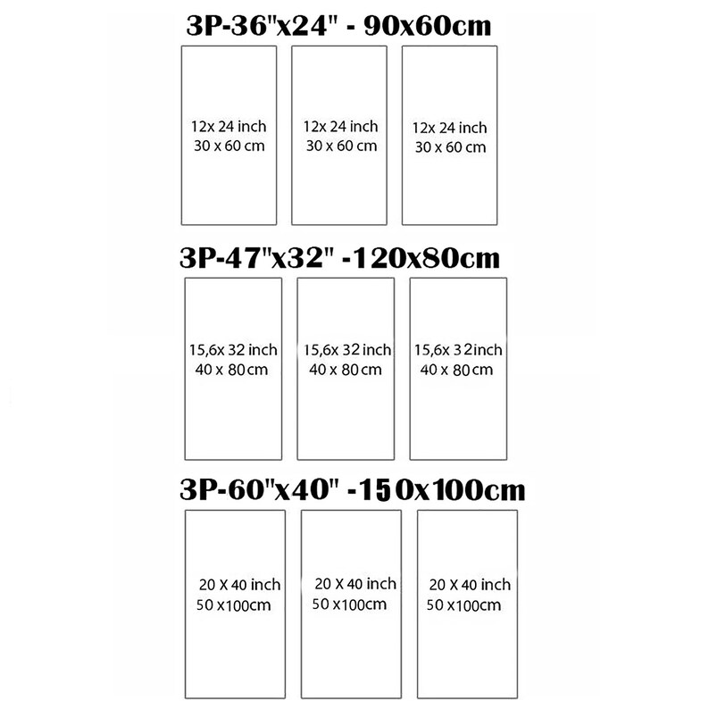 May include: A chart showing different sizes of prints with measurements in inches and centimeters. The chart is divided into three sections, each with a different size print. The first section is labeled "3P-36"x24" - 90x60cm", the second section is labeled "3P-47"x32" -120x80cm", and the third section is labeled "3P-60"x40"-150&times;100cm".