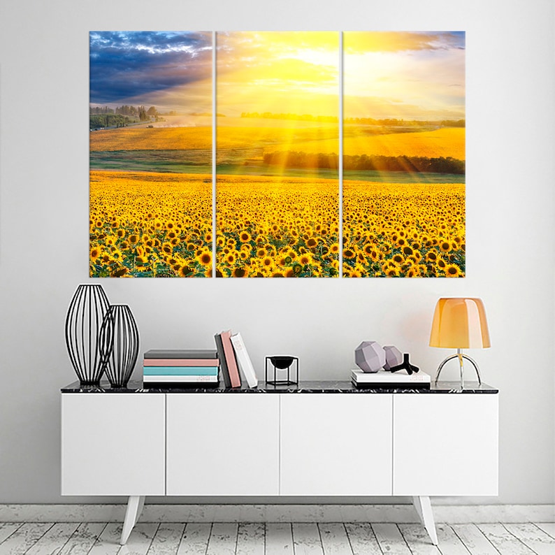 Sunset Over the Sunflower Field Wall Art Decor Nature Landscape Canvas ...