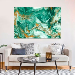 May include: Abstract painting with swirling green and gold colors. The painting has a marbleized effect with white and gold accents.