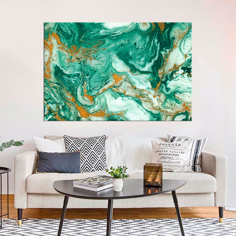 May include: Abstract painting with swirling green and gold colors. The painting has a marbleized effect with white and gold accents.