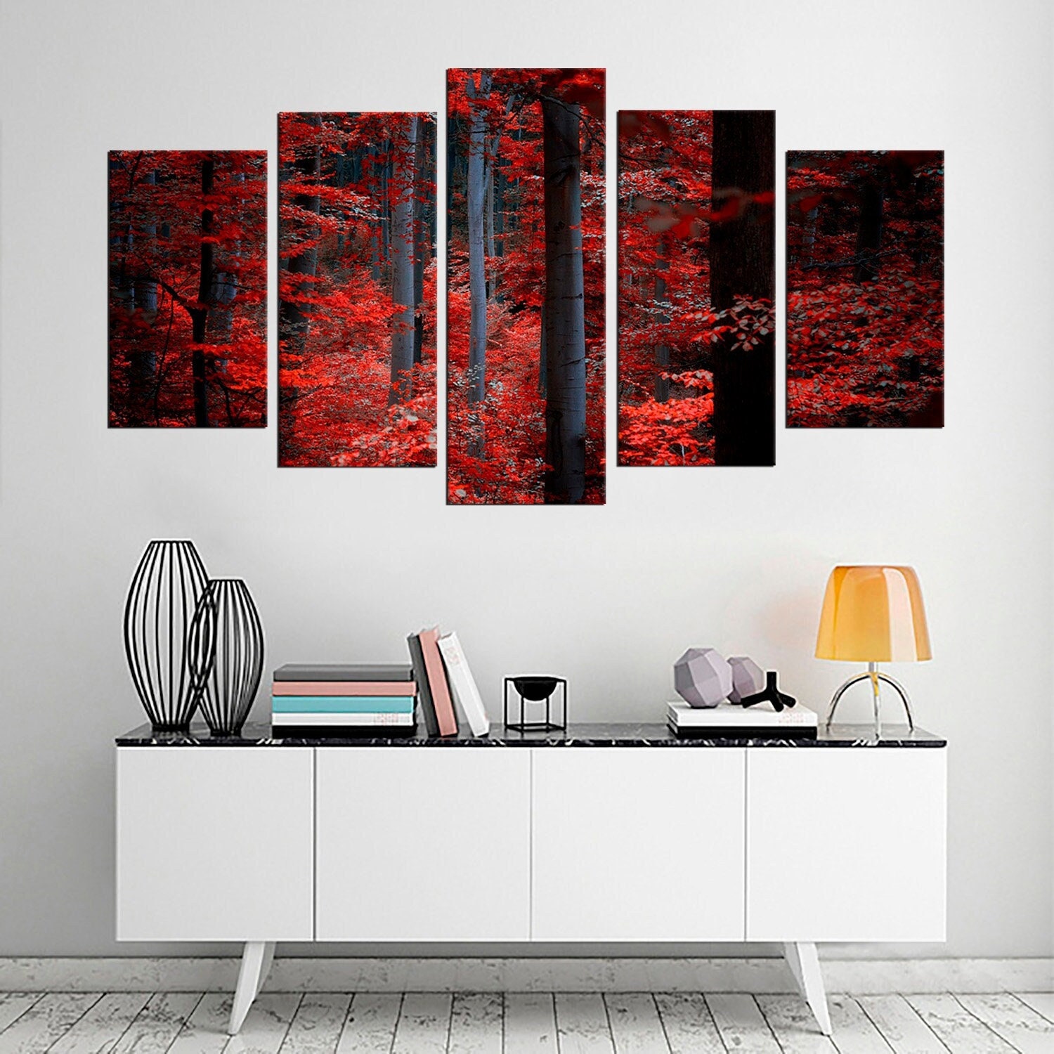Large Red Forest Canvas Print, Tree Leaves Modern Wall Art, Landscape ...