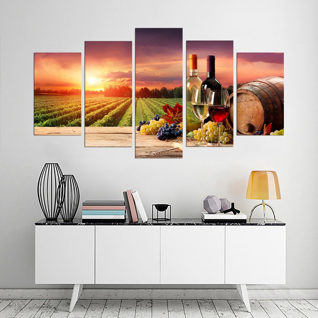 Wine Barrel Kitchen Wall Art - Wine Bottle Print on Canvas - Cafe ...