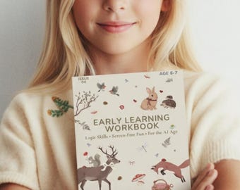 May include: A young person holding an "Early Learning Workbook" with illustrations of woodland animals. The workbook cover is cream-colored with the text "Early Learning Workbook" and "Age 6-7". The cover also features a deer, fox, rabbit, and other forest creatures.