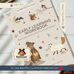 May include: A Halloween Collector's Edition Early Learning Workbook for ages 4 & 5. The cover features illustrations of a bear in a witch hat, a fox in a ghost costume, and a squirrel. The workbook includes brain games and screen-free fun.