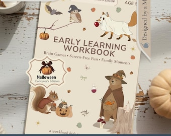 Puede incluir: Un cuaderno de trabajo de aprendizaje temprano con temática de Halloween para niños de 5 y 6 años. La portada presenta ilustraciones de un zorro disfrazado de fantasma, un búho, un oso con sombrero de bruja y una ardilla.