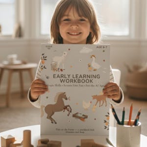 May include: A child smiling while holding an "Early Learning Workbook". The cover features farm animal illustrations in muted tones. The workbook is designed for ages 6-7, promoting logic skills and screen-free activities. The text reads "Visit to the farm".