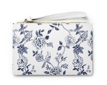 Toile Faux Leather Clutch Bag, Blue and White French Toile Wristlet, Floral Vegan Leather Handbag, Clutch Gift for Her, Toile De Jouy