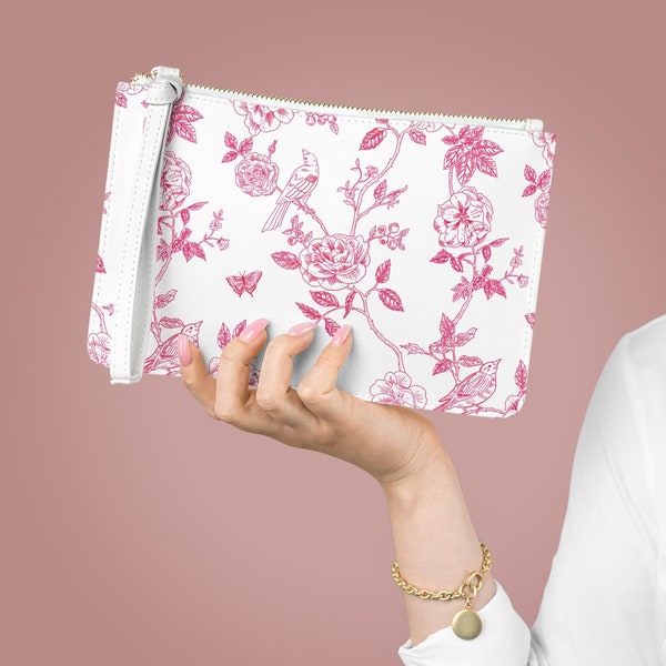 Toile Faux Leather Clutch Bag, Pink and White French Toile Wristlet, Floral Vegan Leather Handbag, Clutch Gift for Her, Toile De Jouy