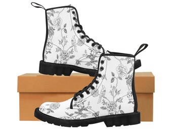 Black and White Toile Floral Women's Canvas Boots, Toile De Jouy Print Boots, French Toile Flowers and Birds Print Combat Boots Gift