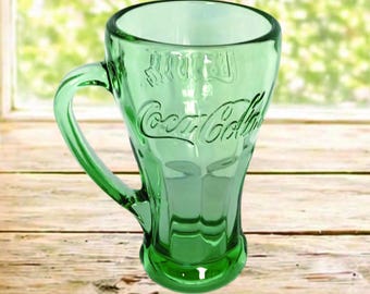 Vintage Coca Cola Green Glass Handled Mug. Nice for Use or a Coke