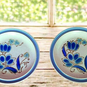K&ouml;nnte beinhalten: Zwei Keramikplatten mit wei&szlig;em Innenraum und blauem Blumendesign. Die Teller haben einen blauen Rand und einen blauen Rand. Die Teller stehen auf einer Holzoberfl&auml;che.