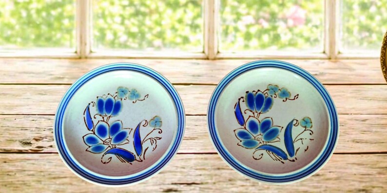 K&ouml;nnte beinhalten: Zwei Keramikplatten mit wei&szlig;em Innenraum und blauem Blumendesign. Die Teller haben einen blauen Rand und einen blauen Rand. Die Teller stehen auf einer Holzoberfl&auml;che.
