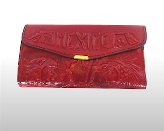 Vintage Tooled Leather Clutch Wallet: Mexican Souvenir, Aztec Design