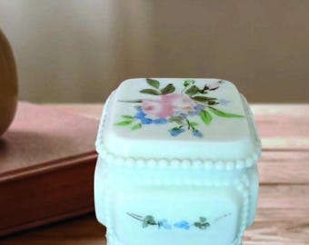 Westmoreland Hand Painted Milk Glass Trinket Box: 1970s, Footed, Pink Roses, Blue Flowers, Retro, 2 7/8 x 2 1/4, Grandmillennial, Grannycore