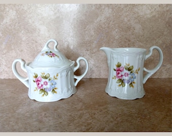 Vtg  Translucent  White Porcelain Sugar w Lid & Creamer, Victorian Cottage, Creamer is 3.5 Tall, Sugar 4.25 T w Lid - 6" across, Pink Flower