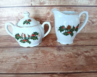 Vintage Porcelain Sugar Bowl and Creamer Set: Holly Berries Christmas Decor, Made in Japan