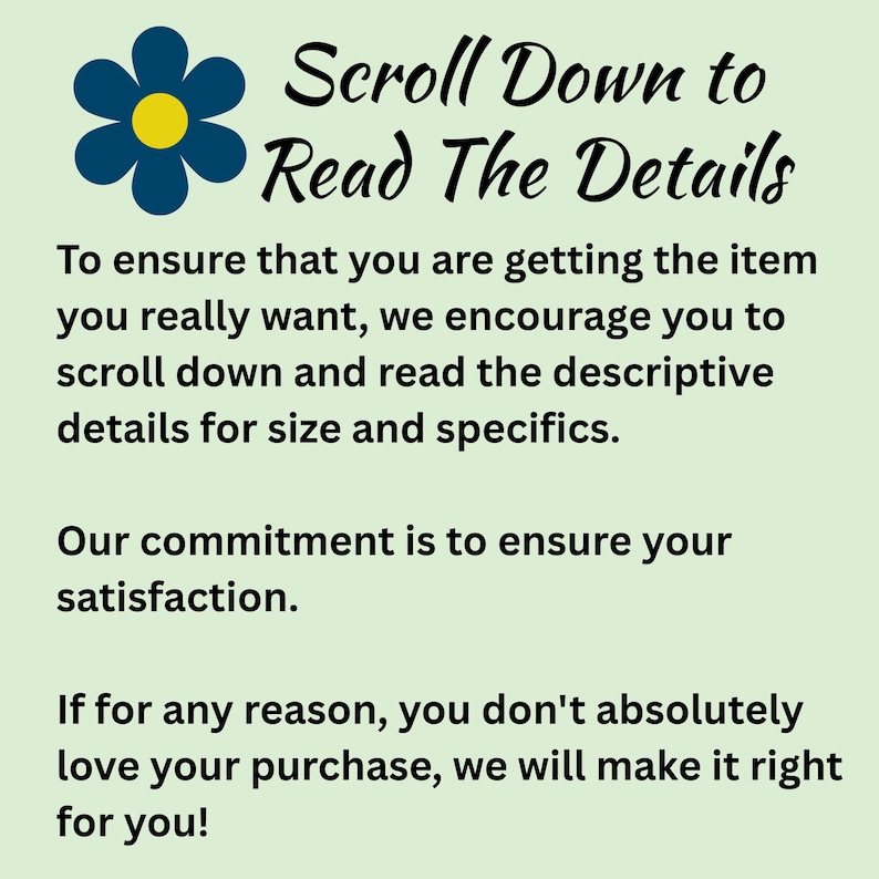 K&ouml;nnte beinhalten: Hellgr&uuml;ner Hintergrund mit dem Text "Scroll Down to Read The Details". Eine blaue Blume mit gelbem Zentrum befindet sich in der oberen linken Ecke. Der Text fordert auf, nach unten zu scrollen, um Details zu erhalten und Zufriedenheit zu gew&auml;hrleisten.