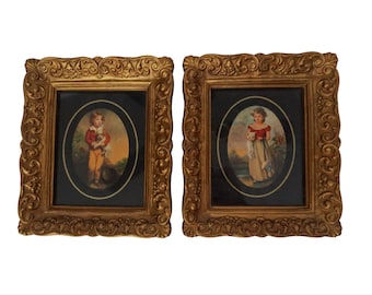 Vintage Florentine Style Prints: Boy with Dog & Girl with Cat - Gold Frames