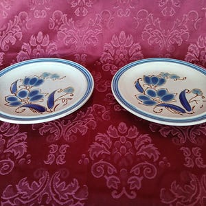 K&ouml;nnte beinhalten: Zwei ovale Keramikplatten mit blauem Blumendesign. Die Teller haben eine cremefarbene Mitte mit blauen Blumenmustern und einen blau-braunen Rand. Diese Teller dienen wahrscheinlich zum Servieren von Speisen.