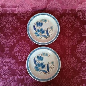 Puede incluir: Dos platos redondos de cer&aacute;mica con base crema y dise&ntilde;o floral azul. Los platos tienen un borde azul y est&aacute;n sobre un fondo burdeos estampado. Una regla turquesa est&aacute; en el lado izquierdo de la imagen.