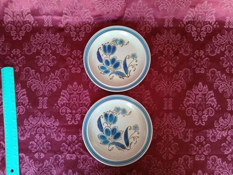 Puede incluir: Dos platos redondos de cer&aacute;mica con base crema y dise&ntilde;o floral azul. Los platos tienen un borde azul y est&aacute;n sobre un fondo burdeos estampado. Una regla turquesa est&aacute; en el lado izquierdo de la imagen.
