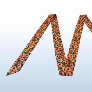 Boho Floral Skinny Scarf, Crepe De Chine Polyester. Retro Flower Power, Head Scarf, 73&quot; x 1 3/4&quot;, Turquoise w peach green Flowers, Hippie