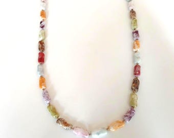 Boho, Hippie Pastel Agate Bead Necklace: Retro, Granny Chic, Knotted Gemstone, 36"