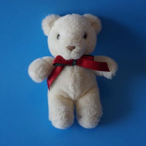 Vtg Plush 7.5&quot; White Baby Gund Teddy Bear, (Added) Red Satin Ribbon Neck Tie. Gund on Fabric Tag - 90 China, Christmas Bear, Bear Collector