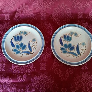 Puede incluir: Dos platos de cer&aacute;mica a juego con base color crema y dise&ntilde;o floral azul. Cada plato tiene un borde azul y una ilustraci&oacute;n central de flores y hojas azules. Los platos est&aacute;n sobre un fondo rojo estampado.