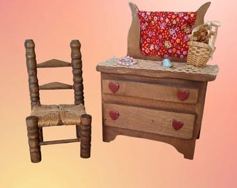 Vintage Wood Doll House Dresser and Chair, Rustic or Primitive Wood Doll Furniture, Hand Crafted, Boho, Grandmillennial, Granny Core Chic