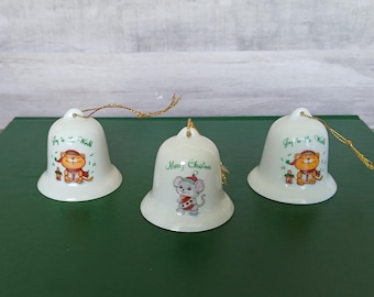 Adornos navideños vintage de porcelana con forma de gato y ratón de Russ Berrie - Decoración de los años 80 (juego de 3)